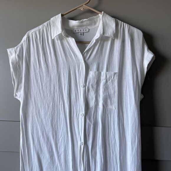 HYFVE Shirt Dress Womens Medium White Button Front Cap Sleeve Crinkle HF23F423 - Picture 3 of 11